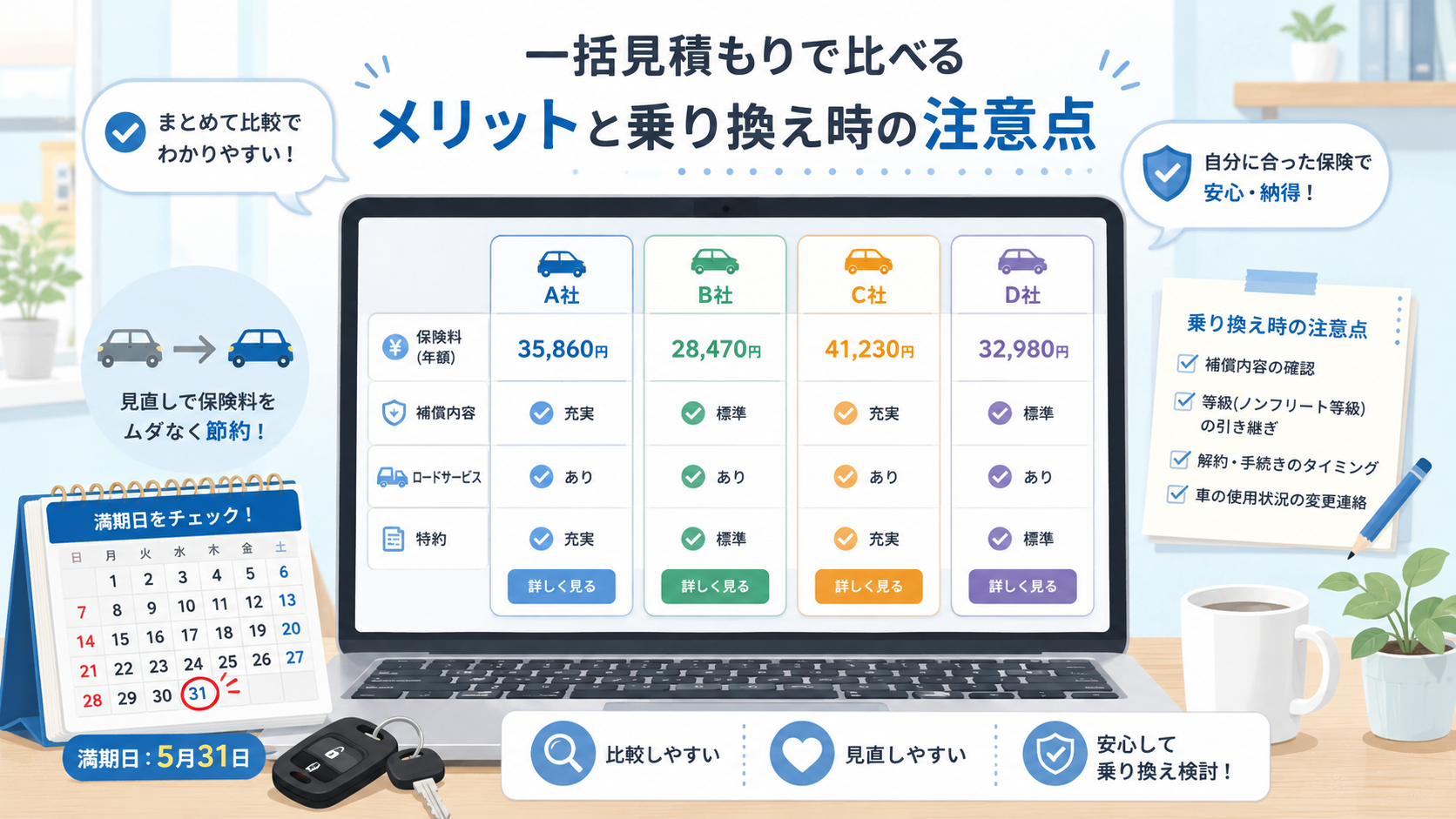 自動車保険の一括見積もりで比較するメリットと乗り換え注意点のイラスト