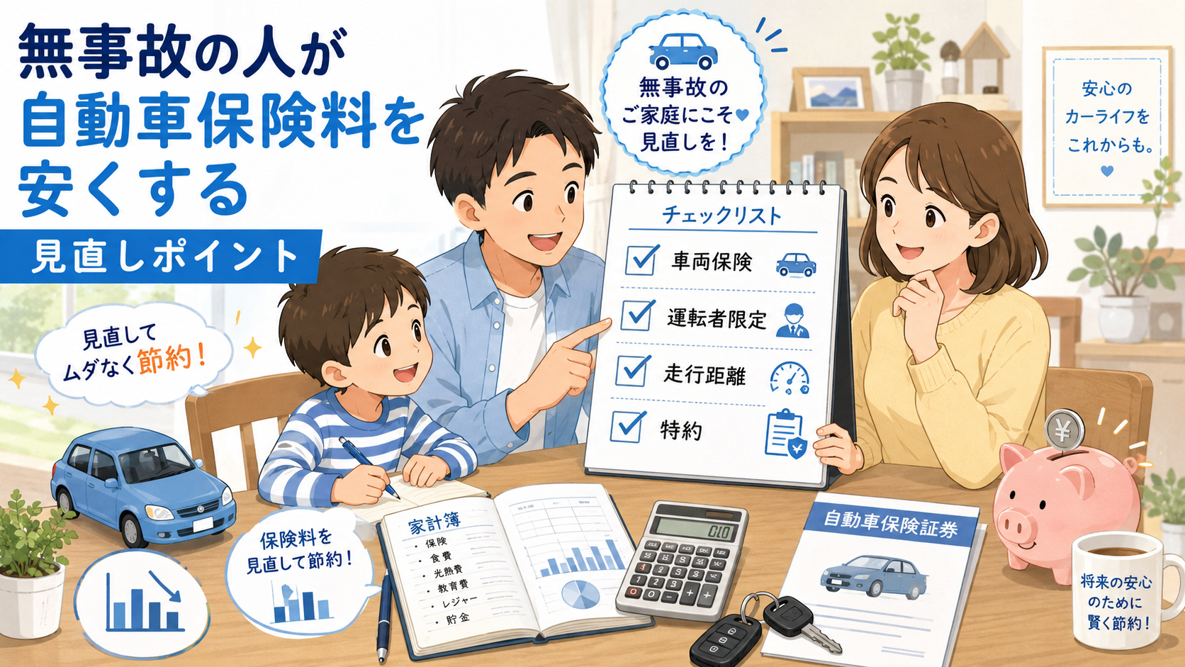 自動車保険料を安くする見直しポイントを家族で確認するイラスト