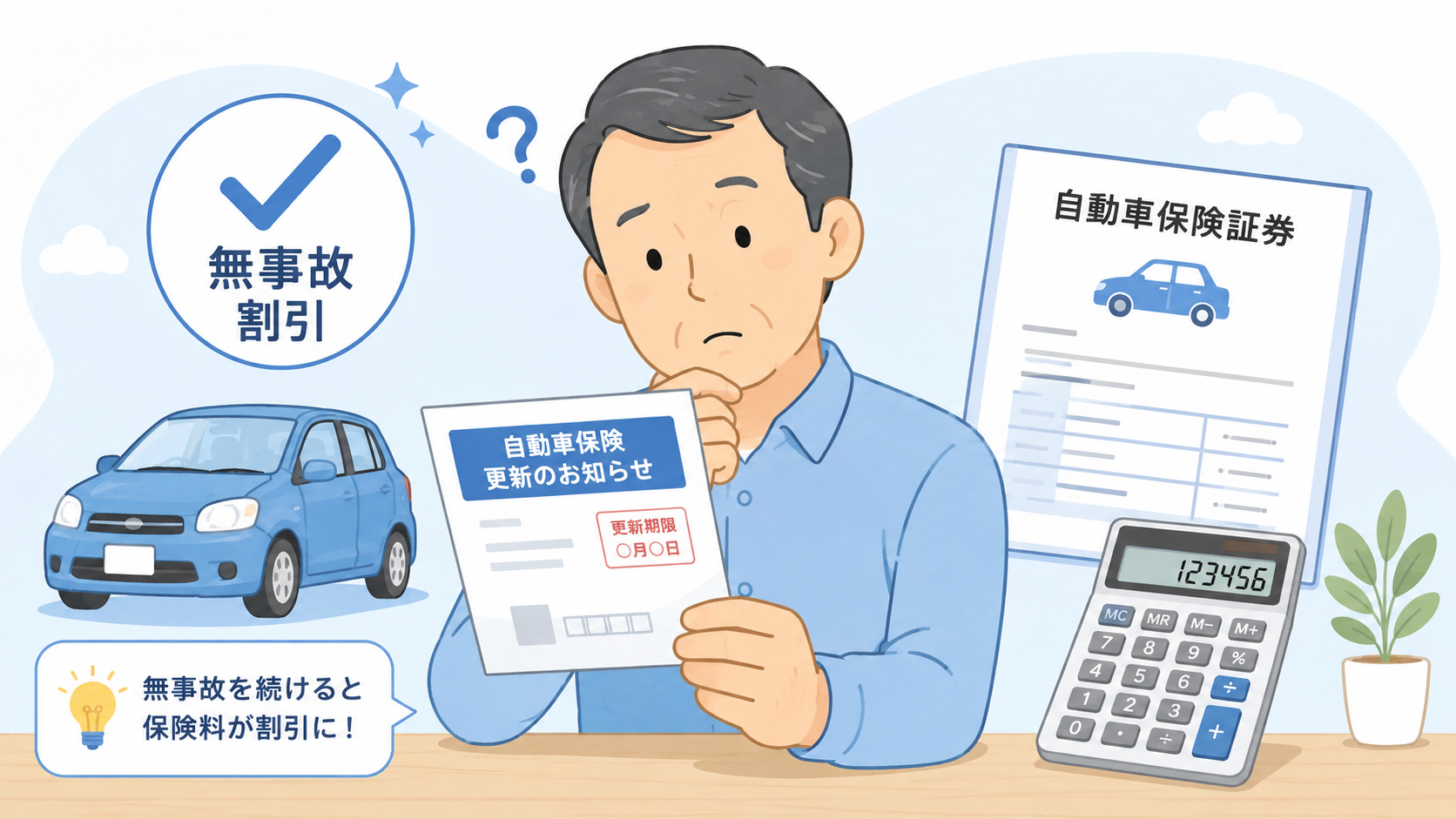無事故なのに自動車保険料が高い理由を確認する男性のイラスト
