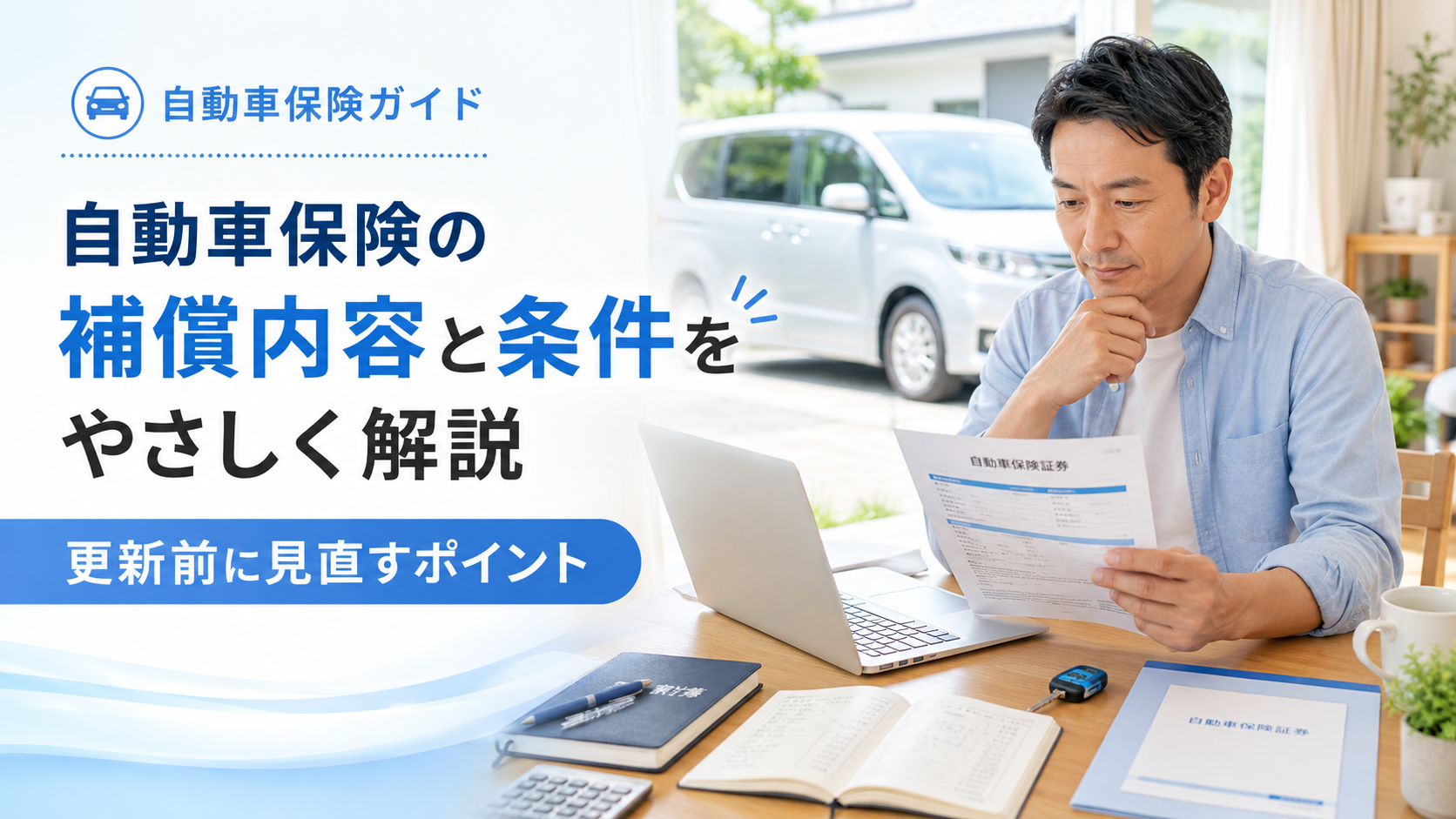 自動車保険の補償内容と条件を更新前に見直す男性と車のアイキャッチ画像