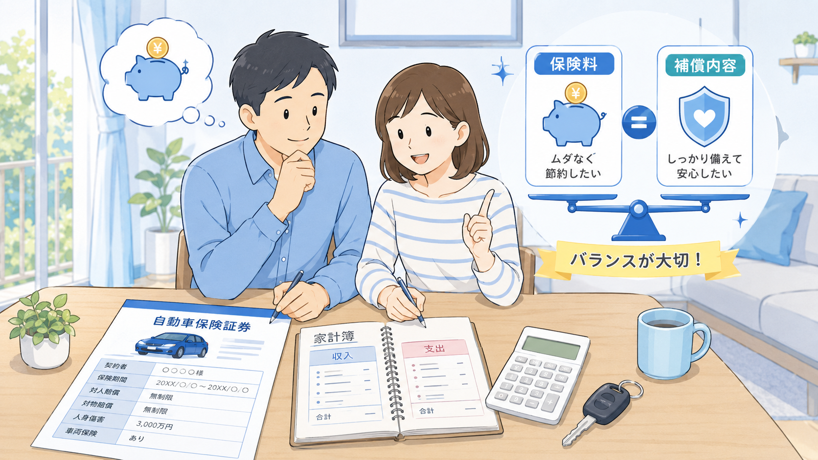 保険料の節約と補償内容の安心のバランスを考える夫婦の挿絵