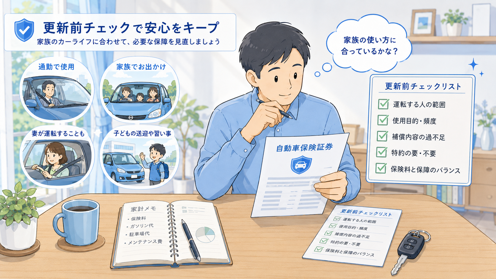 自動車保険の更新前チェックリストを確認する男性の挿絵