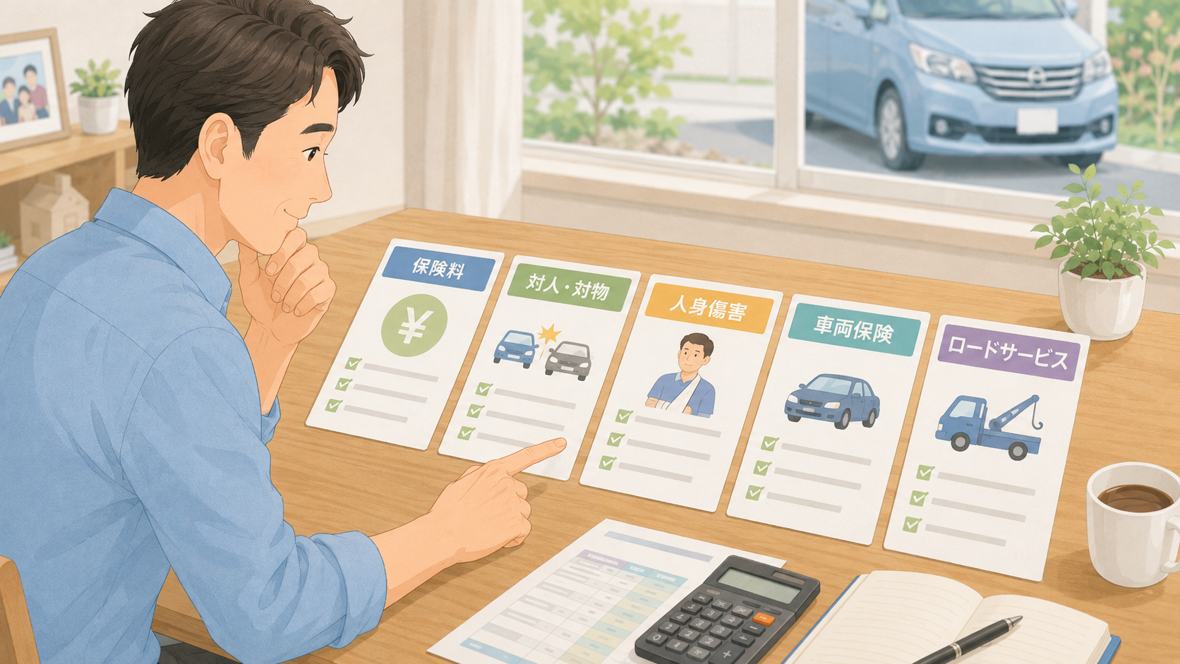 自動車保険の保険料・対人対物・人身傷害・車両保険・ロードサービスを比較する挿絵