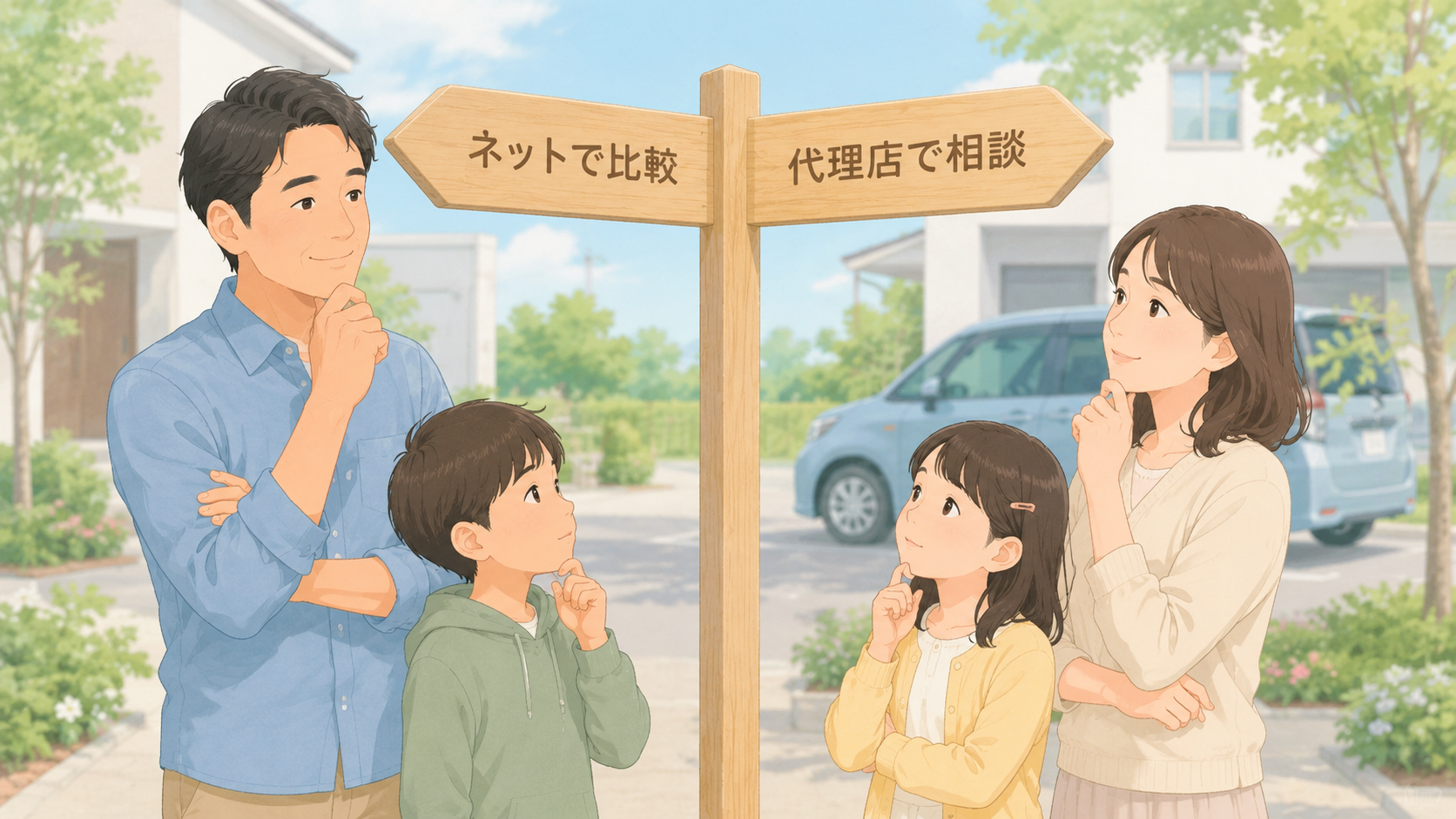 自動車保険をネットで比較するか代理店で相談するか家族で考える挿絵