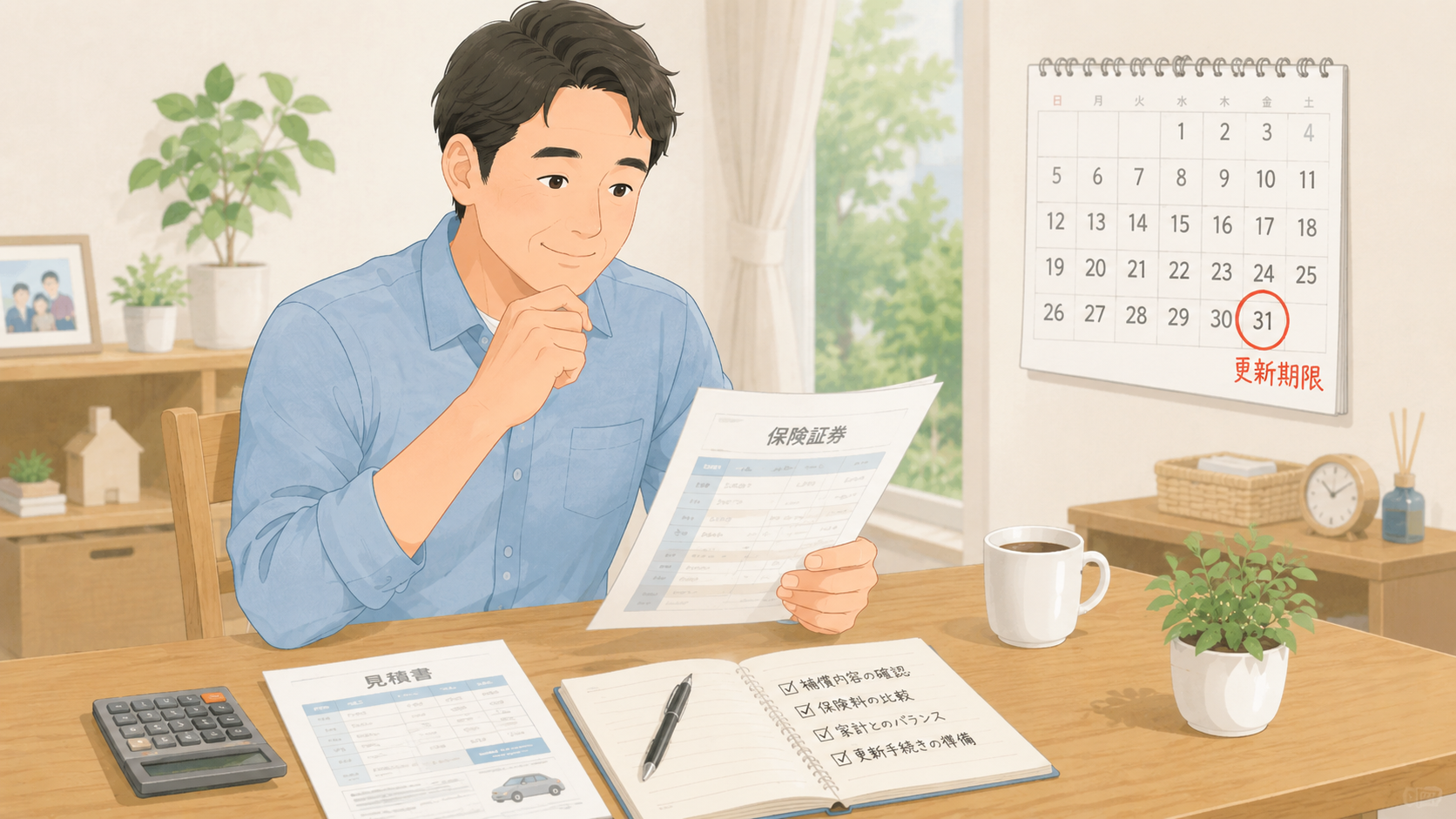 自動車保険の更新期限前に保険証券と見積書を確認する挿絵