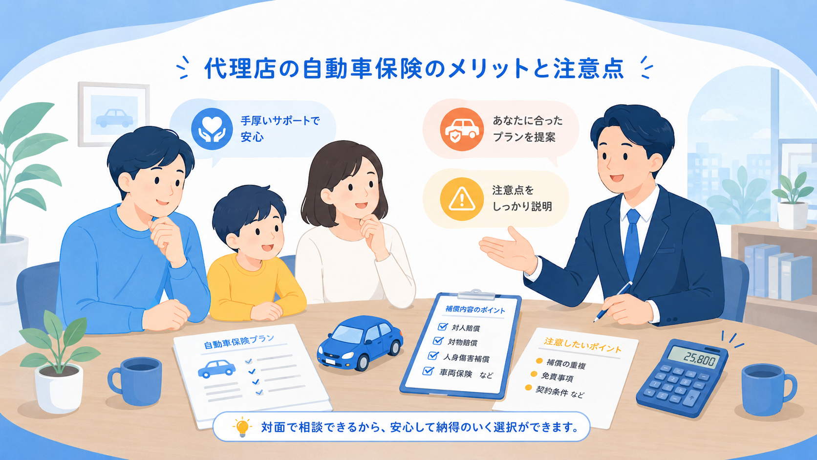 代理店系自動車保険で担当者に相談しながら補償を選ぶイラスト
