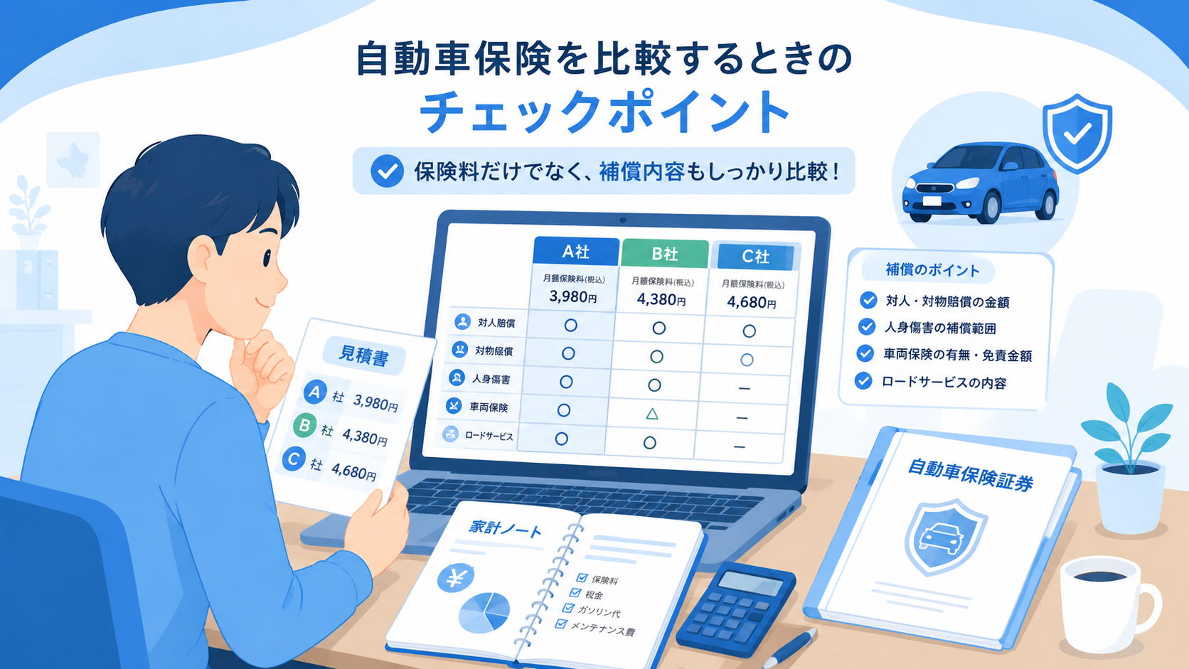 自動車保険を比較するときに保険料と補償内容を確認するイラスト