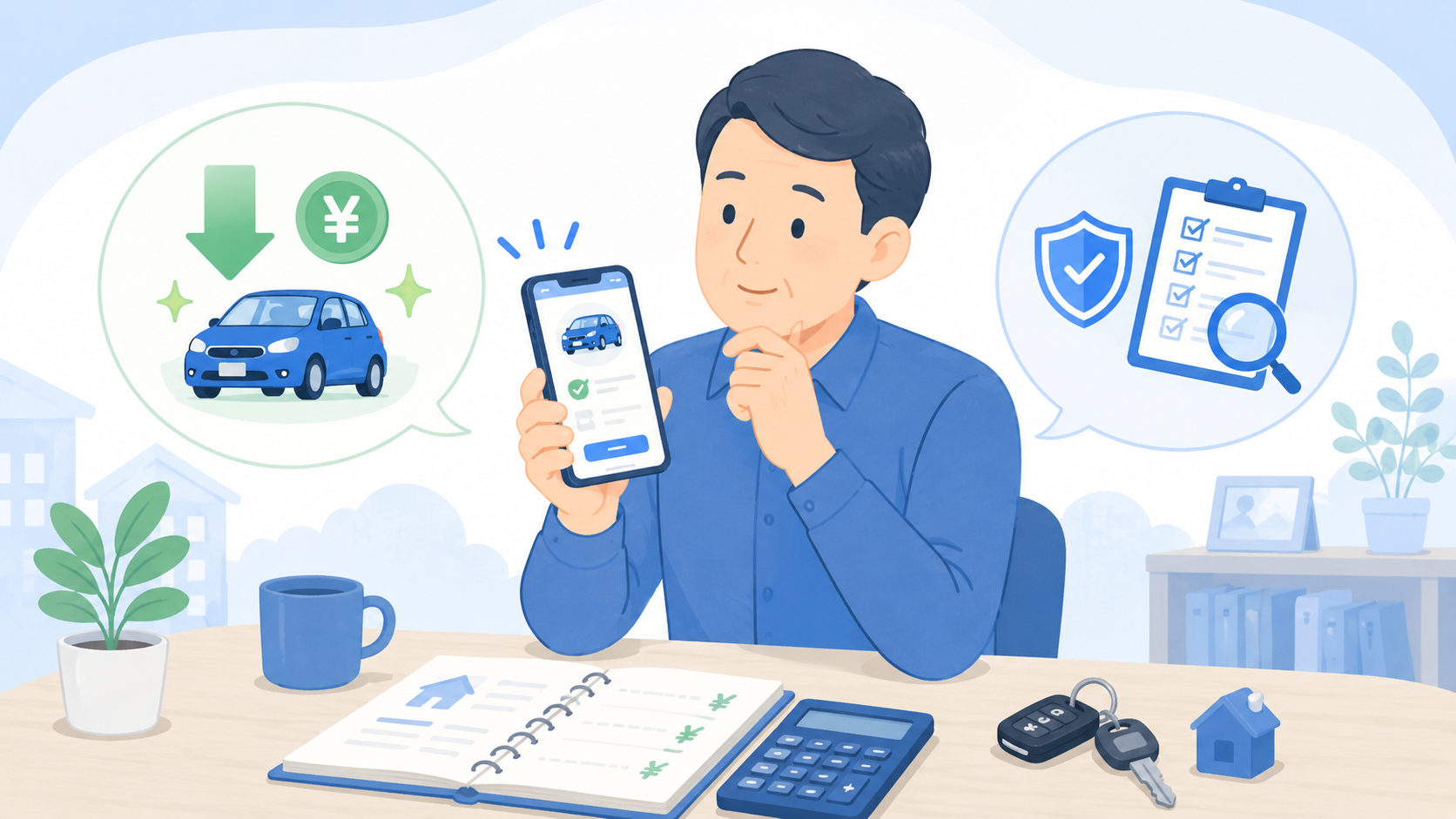 ダイレクト系自動車保険の保険料と補償内容を確認するイラスト
