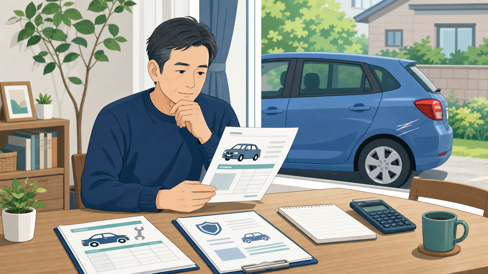 修理費と自動車保険の等級への影響を考える男性
