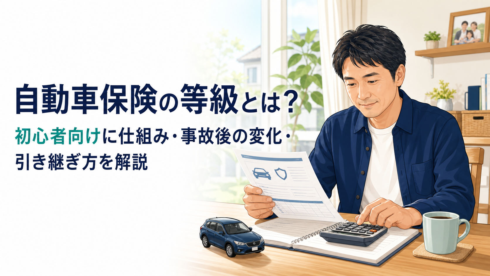 自動車保険の等級を保険証券で確認する男性