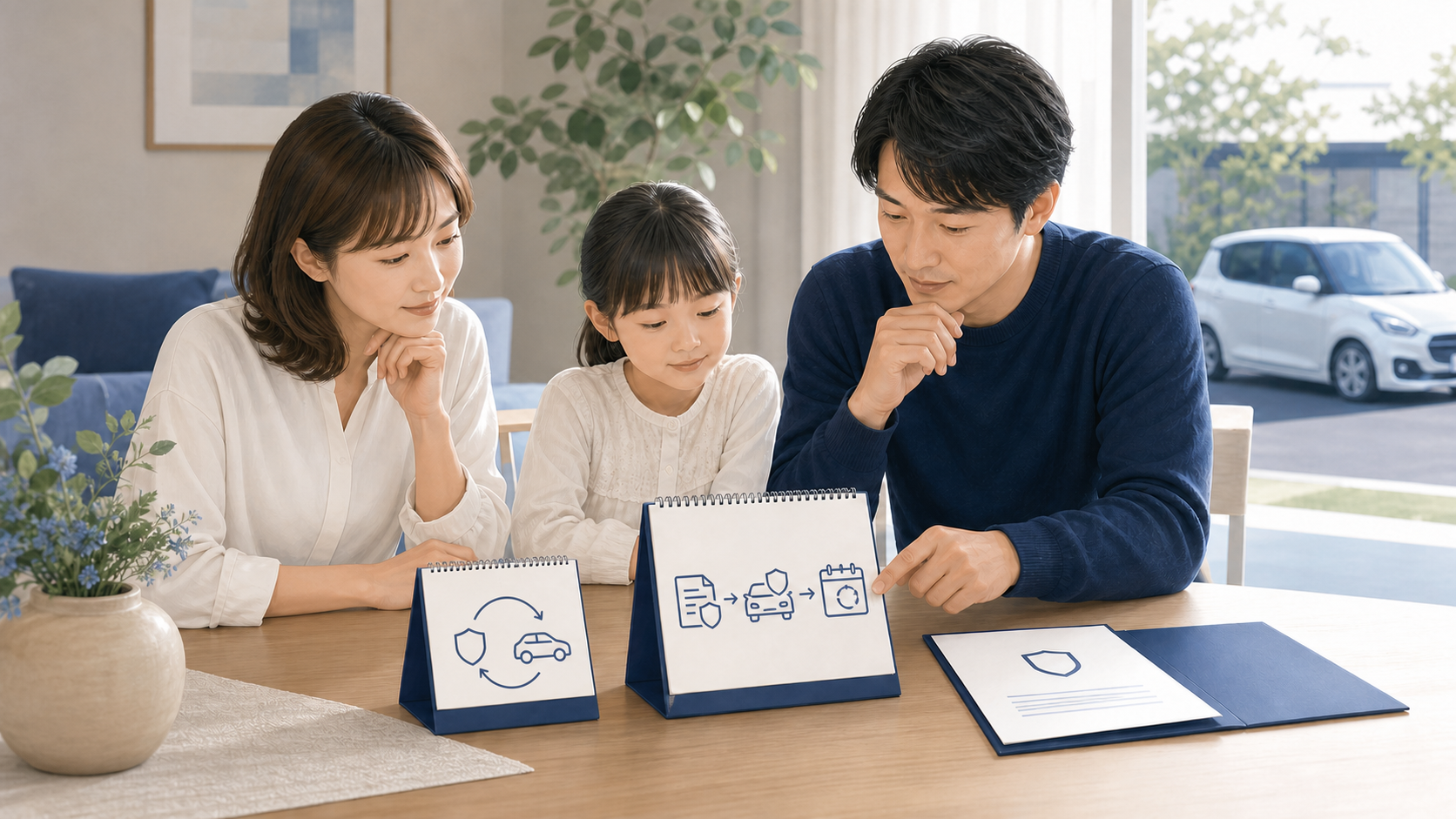 長期契約と1年契約の更新時期を家族で確認するイメージ