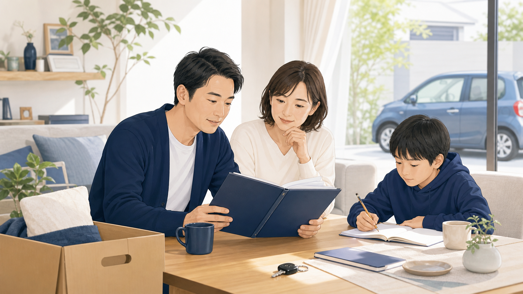 子どもの成長や車の買い替えを見据えて保険を確認する家族