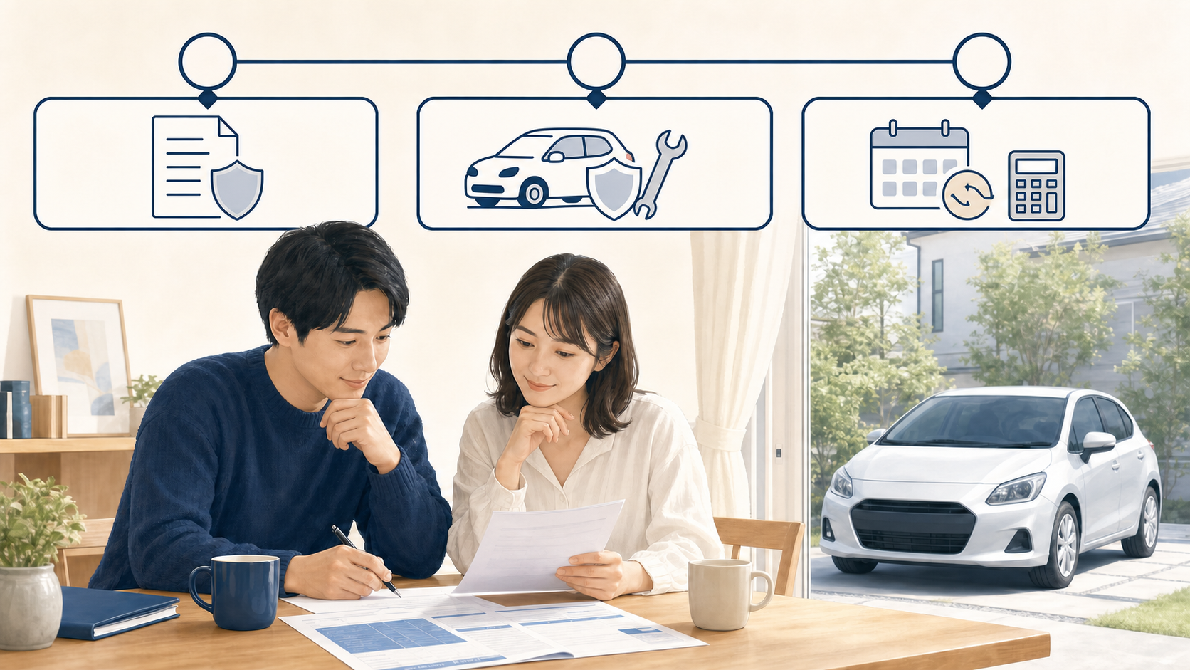保険証券、補償、更新時の見積もりを確認する自動車保険のイメージ