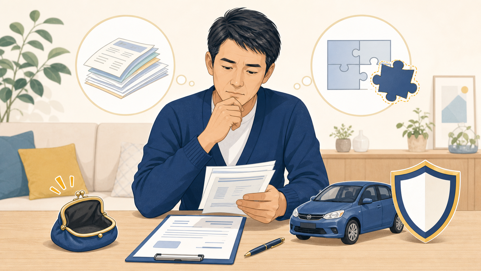 自動車保険の補償内容と自己負担を確認する男性