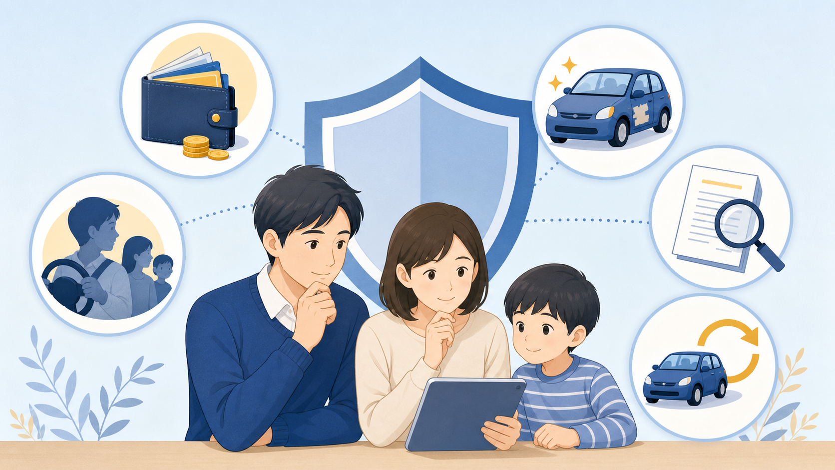 自動車保険の見直し項目を家族で確認するイメージ