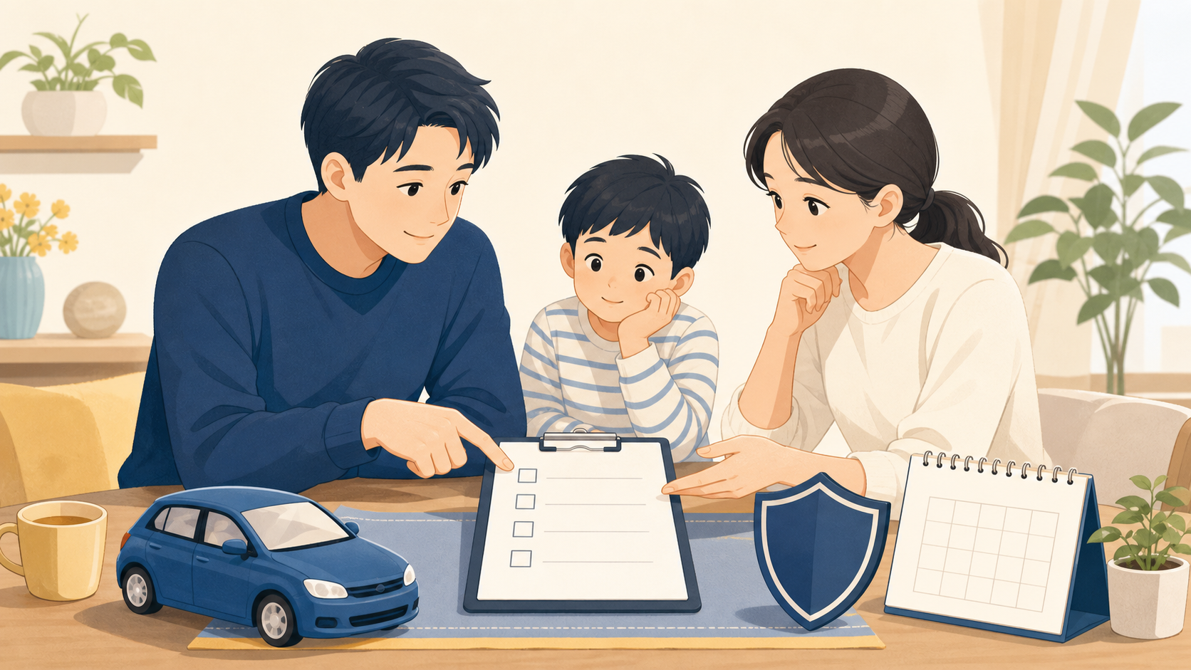 家族で自動車保険の見直し項目を確認する様子