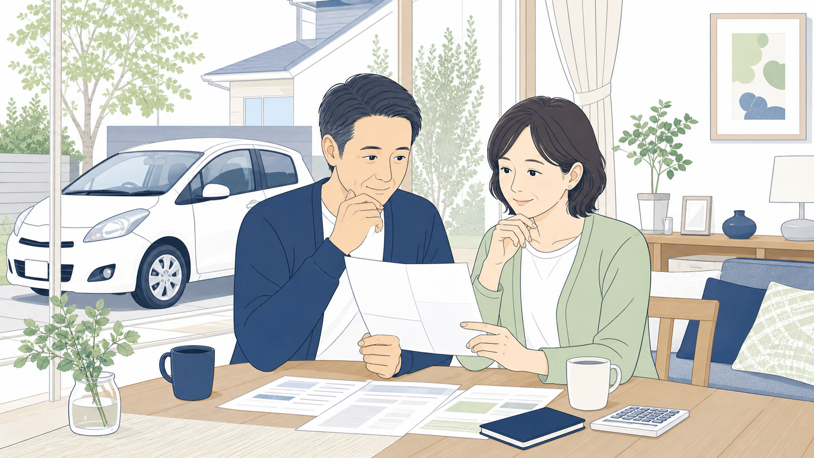 自動車保険の更新内容を家族で確認する様子