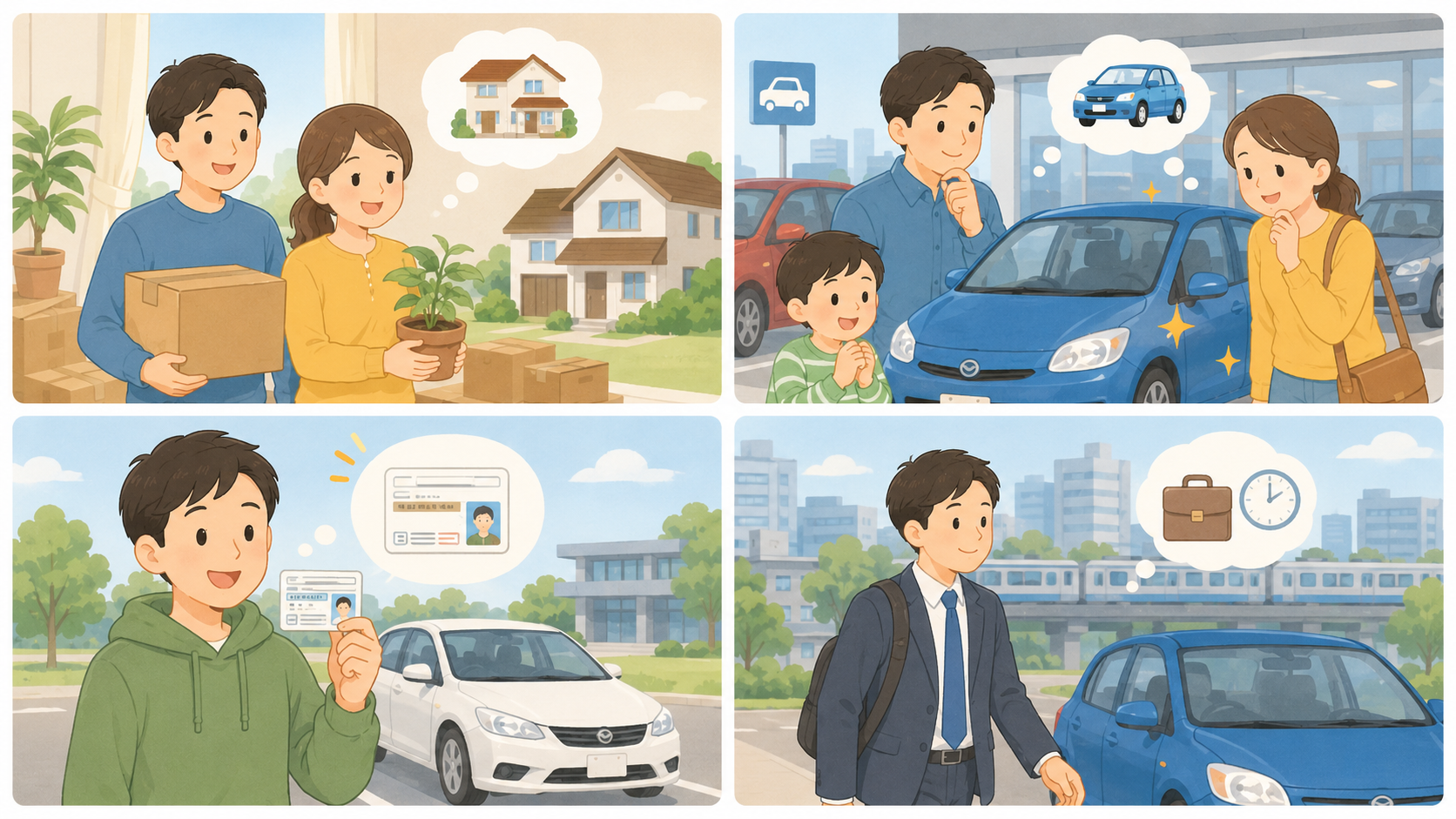 引っ越し、車の買い替え、免許取得、通勤利用など自動車保険の契約内容変更が必要になるタイミングをまとめたイラスト