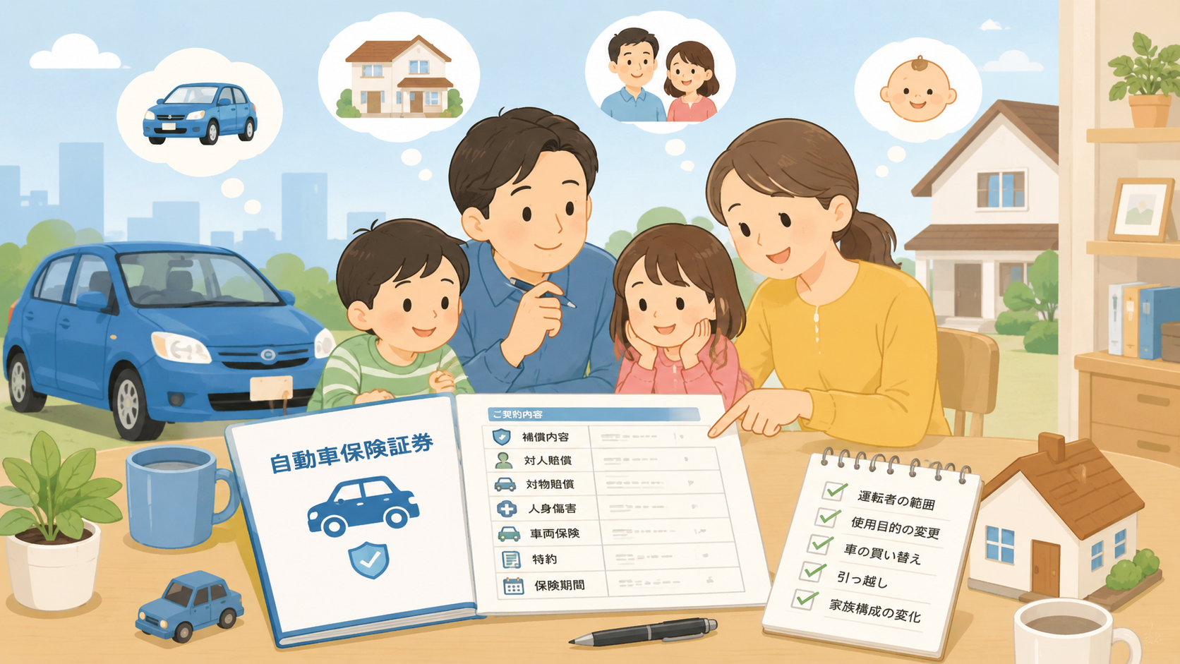 家族で自動車保険証券を見ながら運転者の範囲や使用目的、車の買い替えなど契約内容変更の項目を確認するイラスト