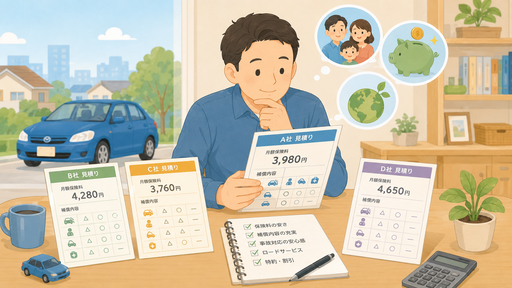 複数社の自動車保険見積もりを比較し、保険料や補償内容、事故対応、ロードサービスを確認するイラスト