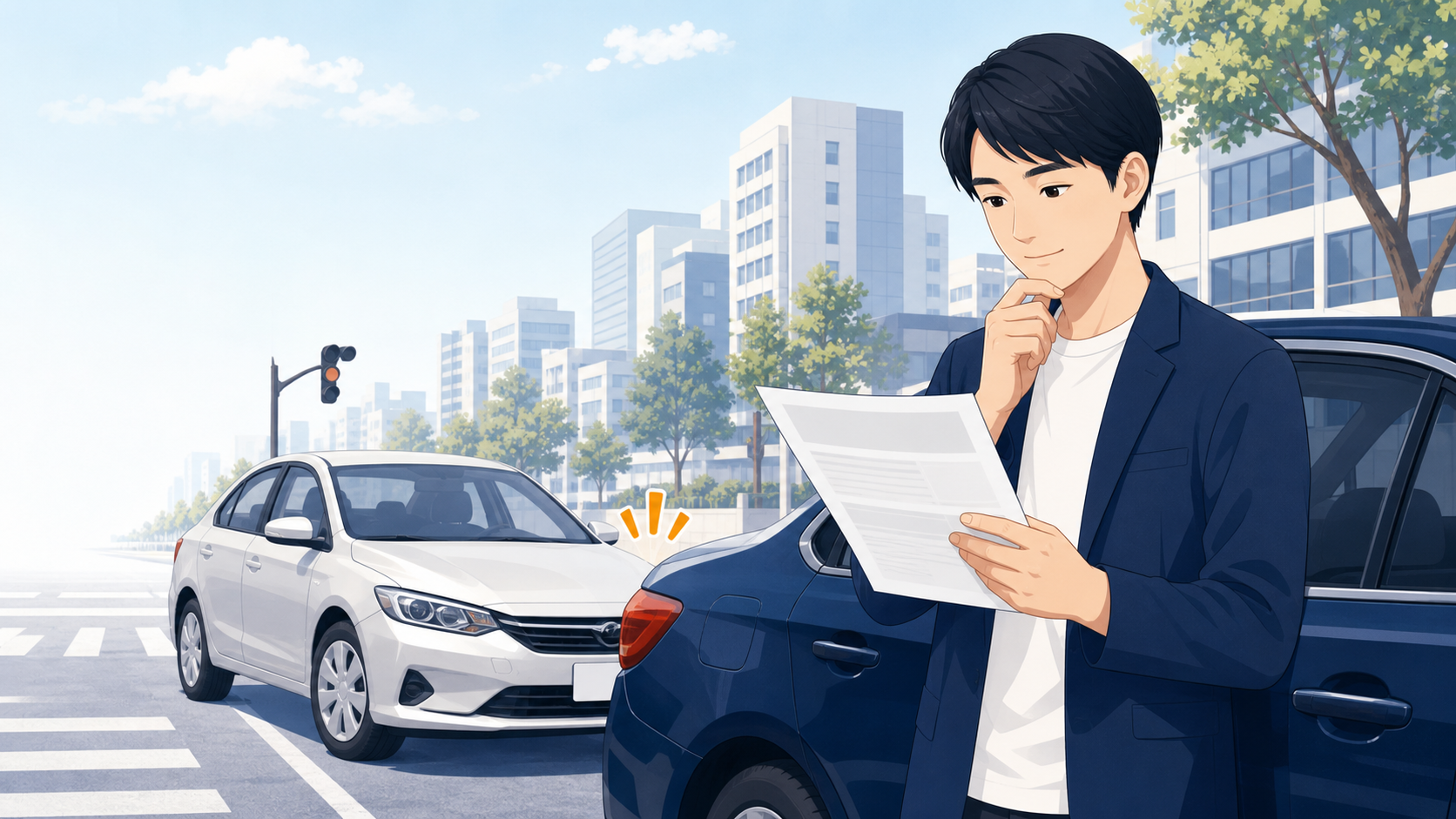 もらい事故で自動車保険の内容を確認する運転者